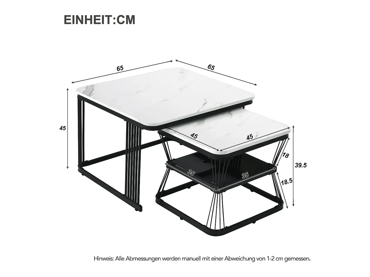 Conjunto de 2 mesas de centro empilháveis com padrão de mármore e espaço de arrumação - Preto e branco
