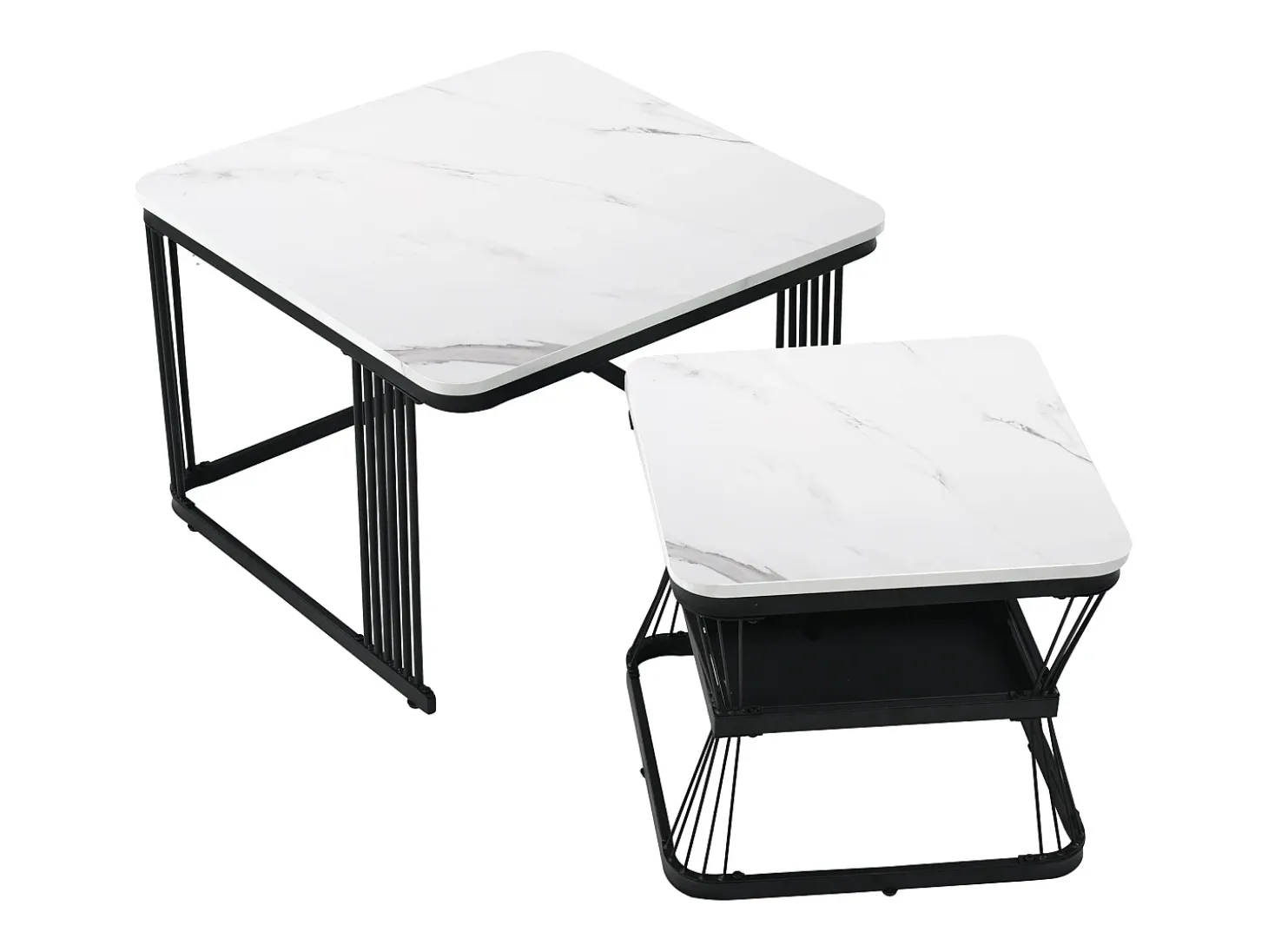 Conjunto de 2 mesas de centro empilháveis com padrão de mármore e espaço de arrumação - Preto e branco