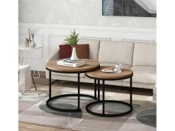 Conjunto de 2 mesas de centro encaixáveis, mesa lateral - madeira MDF e pés de metal - cor carvalho