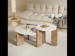 Conjunto de 2 mesas de centro encaixáveis - Padrão de cores entrelaçadas - Madeira MDF - Branco + natural