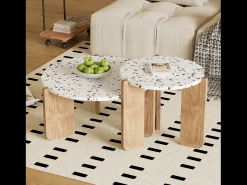 Conjunto de 2 mesas de centro encaixáveis - Padrão de cores entrelaçadas - Madeira MDF - Branco + natural