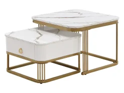 Conjunto de 2 mesas de centro quadradas empilháveis com gaveta, folheado de mármore branco, estrutura dourada