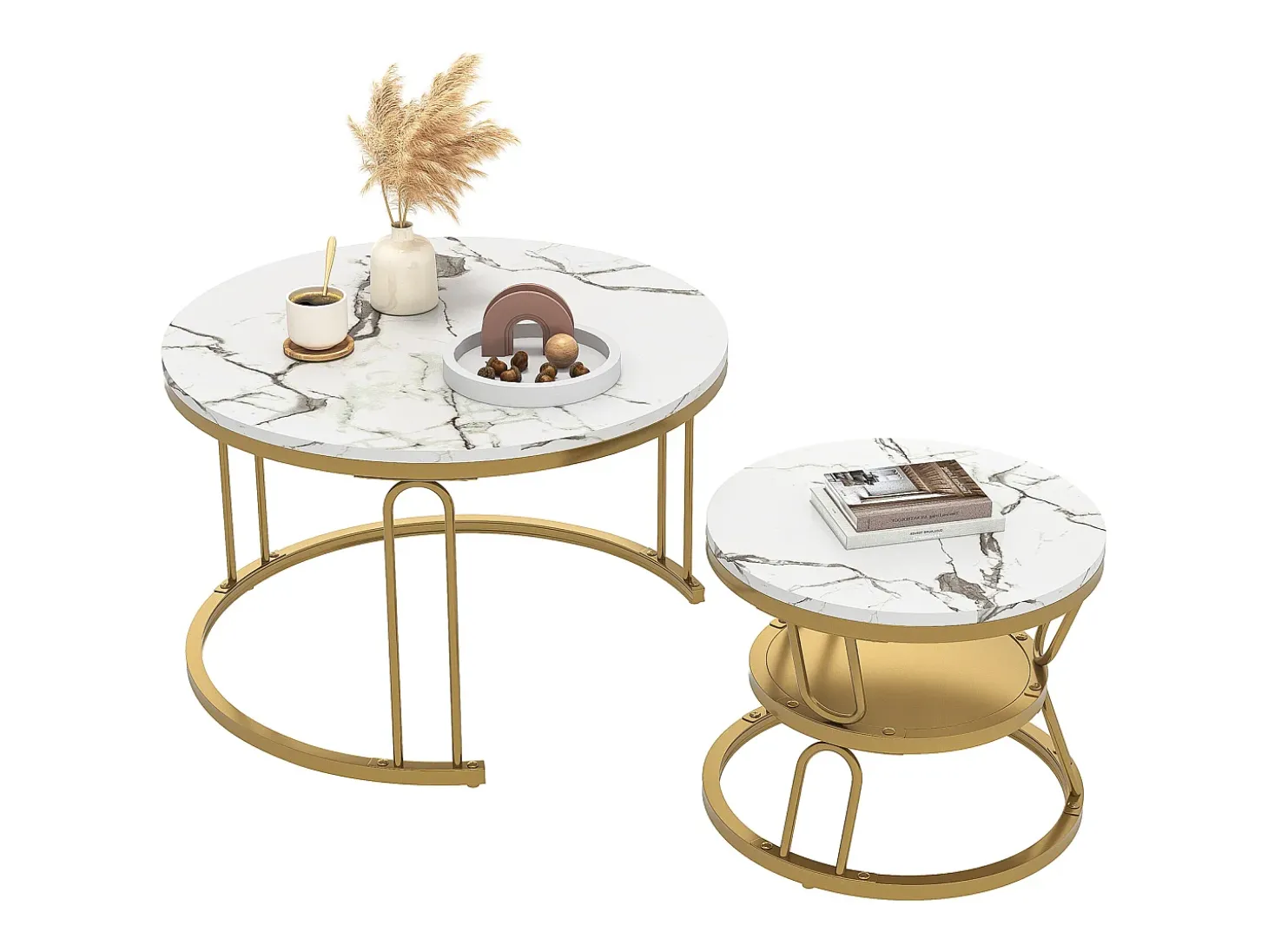 Conjunto de 2 mesas de centro encaixáveis, mesa redonda, tampo em mármore, perna em ferro em forma de U, D70x45+P45x40cm dourado