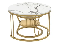 Conjunto de 2 mesas de centro encaixáveis, mesa redonda, tampo em mármore, perna em ferro em forma de U, D70x45+P45x40cm dourado