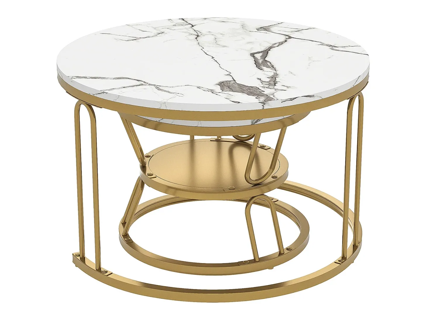 Conjunto de 2 mesas de centro encaixáveis, mesa redonda, tampo em mármore, perna em ferro em forma de U, D70x45+P45x40cm dourado