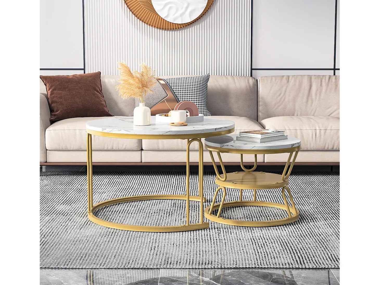 Conjunto de 2 mesas de centro encaixáveis, mesa redonda, tampo em mármore, perna em ferro em forma de U, D70x45+P45x40cm dourado