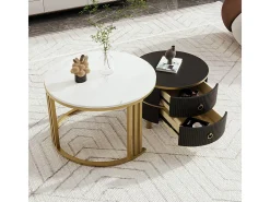 Conjunto de 2 mesas de centro encaixáveis com 2 gavetas - tampo em mármore - Dourado e Preto