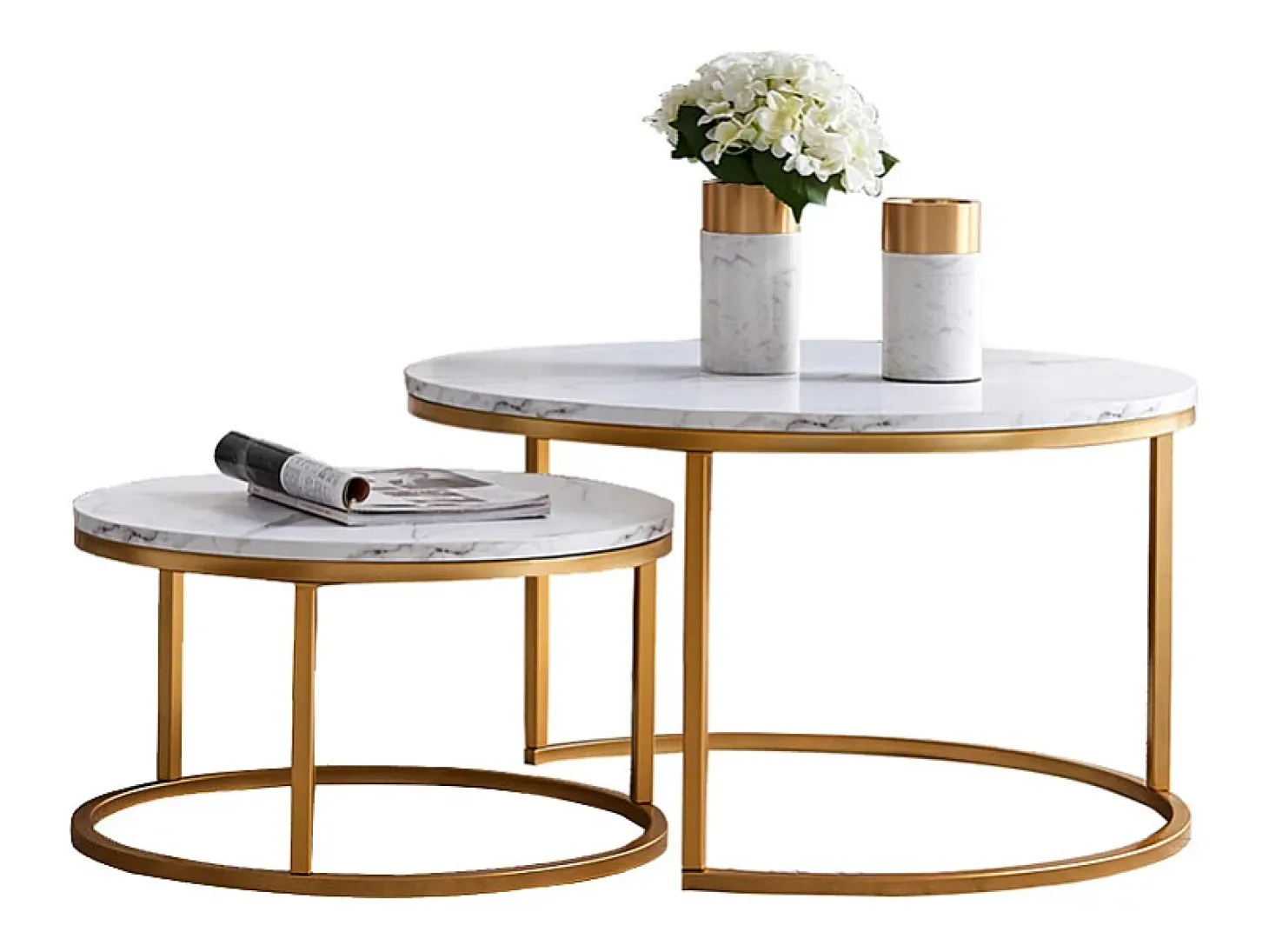 Conjunto de 2 mesas de centro encaixáveis, com mármore brilhante, dourado e branco