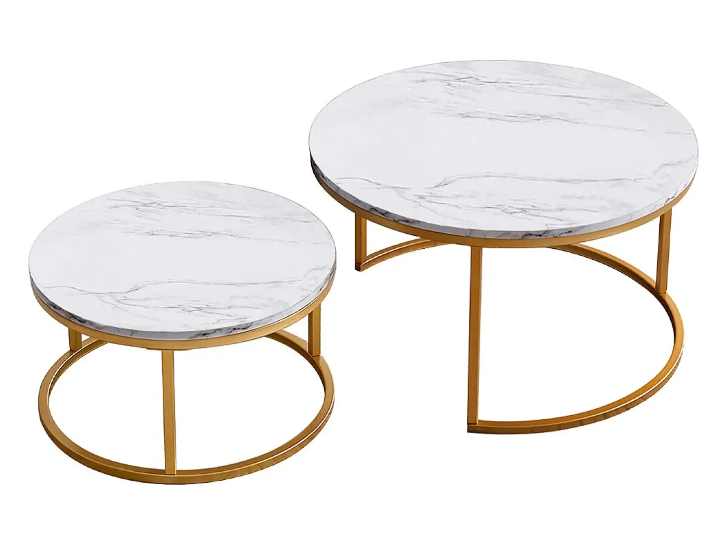 Conjunto de 2 mesas de centro encaixáveis, com mármore brilhante, dourado e branco
