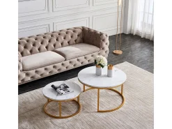 Conjunto de 2 mesas de centro encaixáveis, com mármore brilhante, dourado e branco