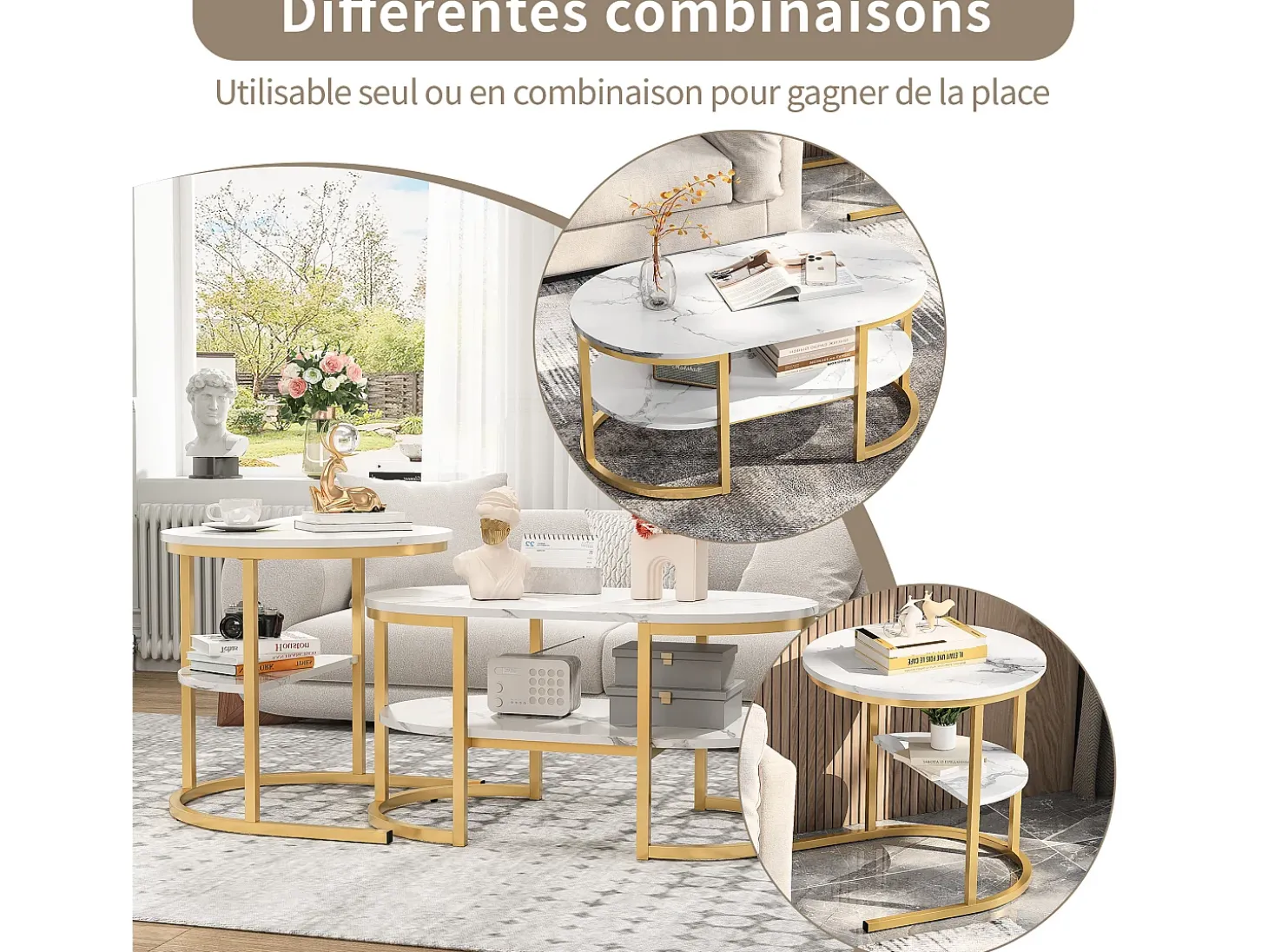 Conjunto de 2 mesas de centro com estrutura metálica e prateleira, estilo moderno para sala de estar, douradas.