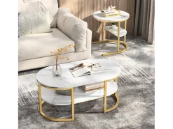 Conjunto de 2 mesas de centro com estrutura metálica e prateleira, estilo moderno para sala de estar, douradas.