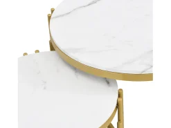 Conjunto de 2 mesas de centro encaixáveis em efeito mármore - Estrutura metálica dourada - 71,5x71,5x 44 cm + 51,5x51,5x37 cm - Branco