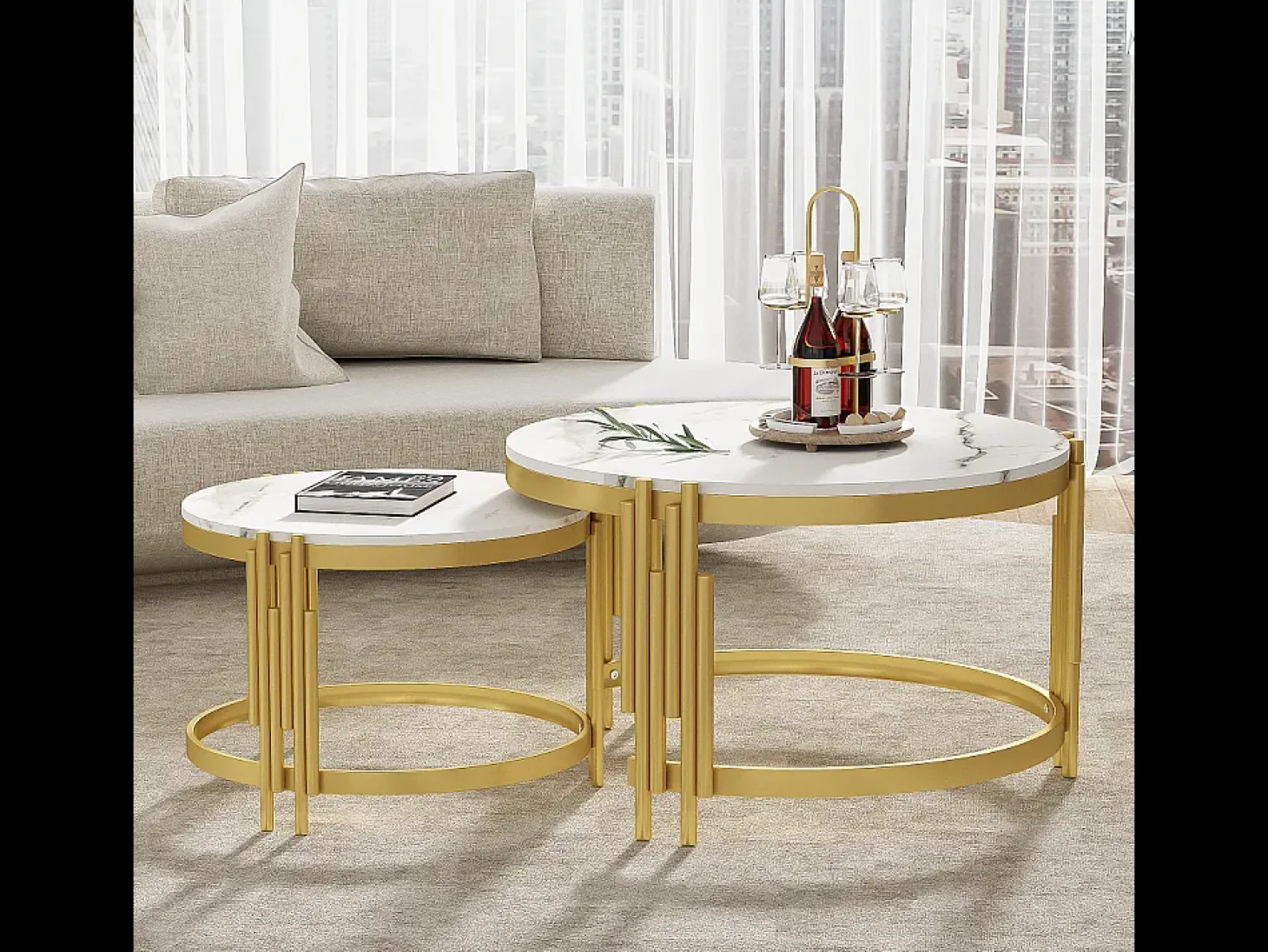Conjunto de 2 mesas de centro encaixáveis em efeito mármore - Estrutura metálica dourada - 71,5x71,5x 44 cm + 51,5x51,5x37 cm - Branco