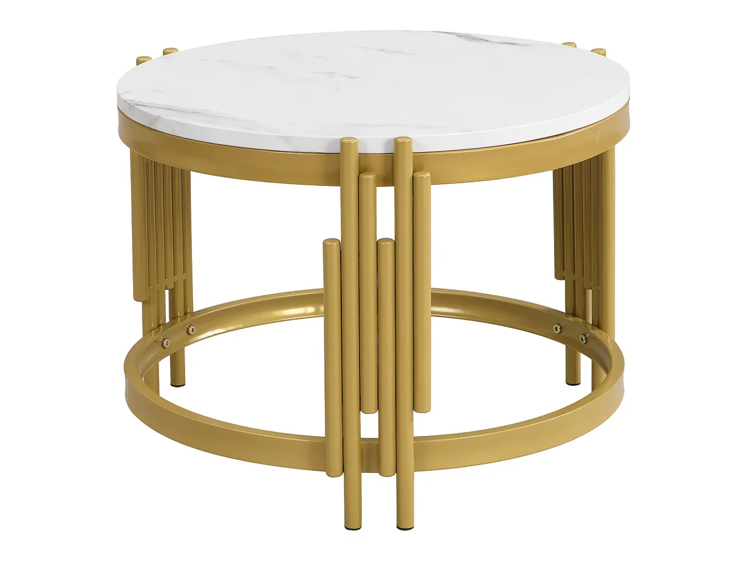 Conjunto de 2 mesas de centro encaixáveis em efeito mármore - Estrutura metálica dourada - 71,5x71,5x 44 cm + 51,5x51,5x37 cm - Branco