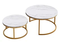 Conjunto de 2 mesas de centro modernas que se encaixam umas nas outras, estrutura em metal dourado, tampo em mármore - 80 cm
