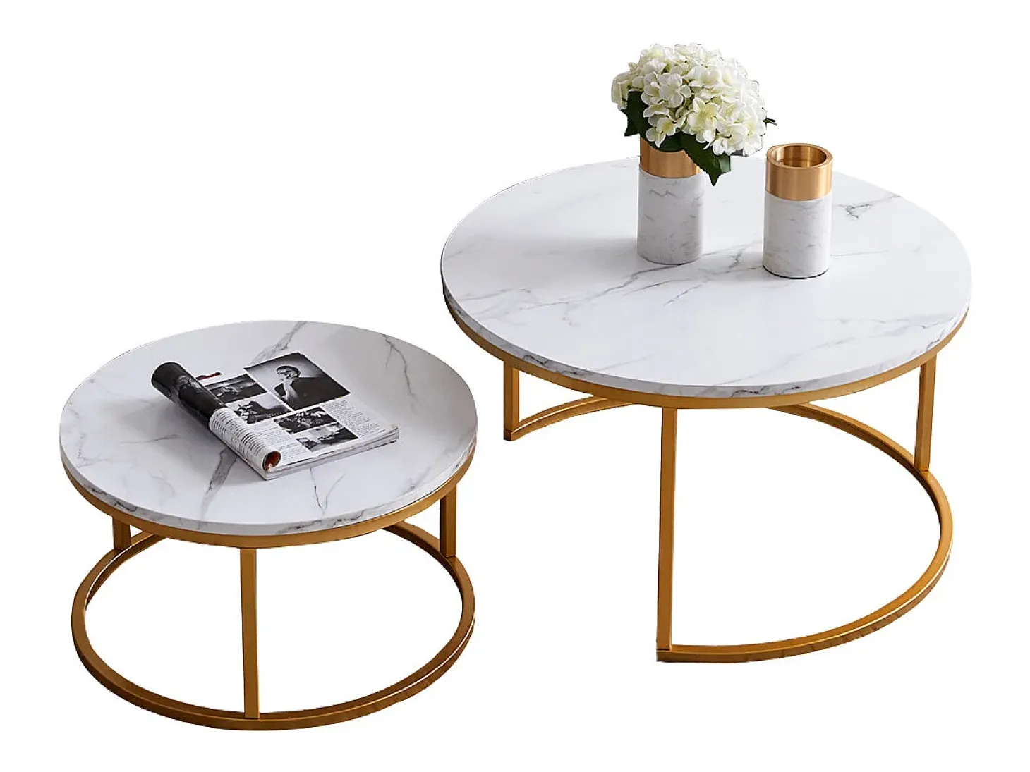 Conjunto de 2 mesas de centro modernas que se encaixam umas nas outras, estrutura em metal dourado, tampo em mármore - 80 cm