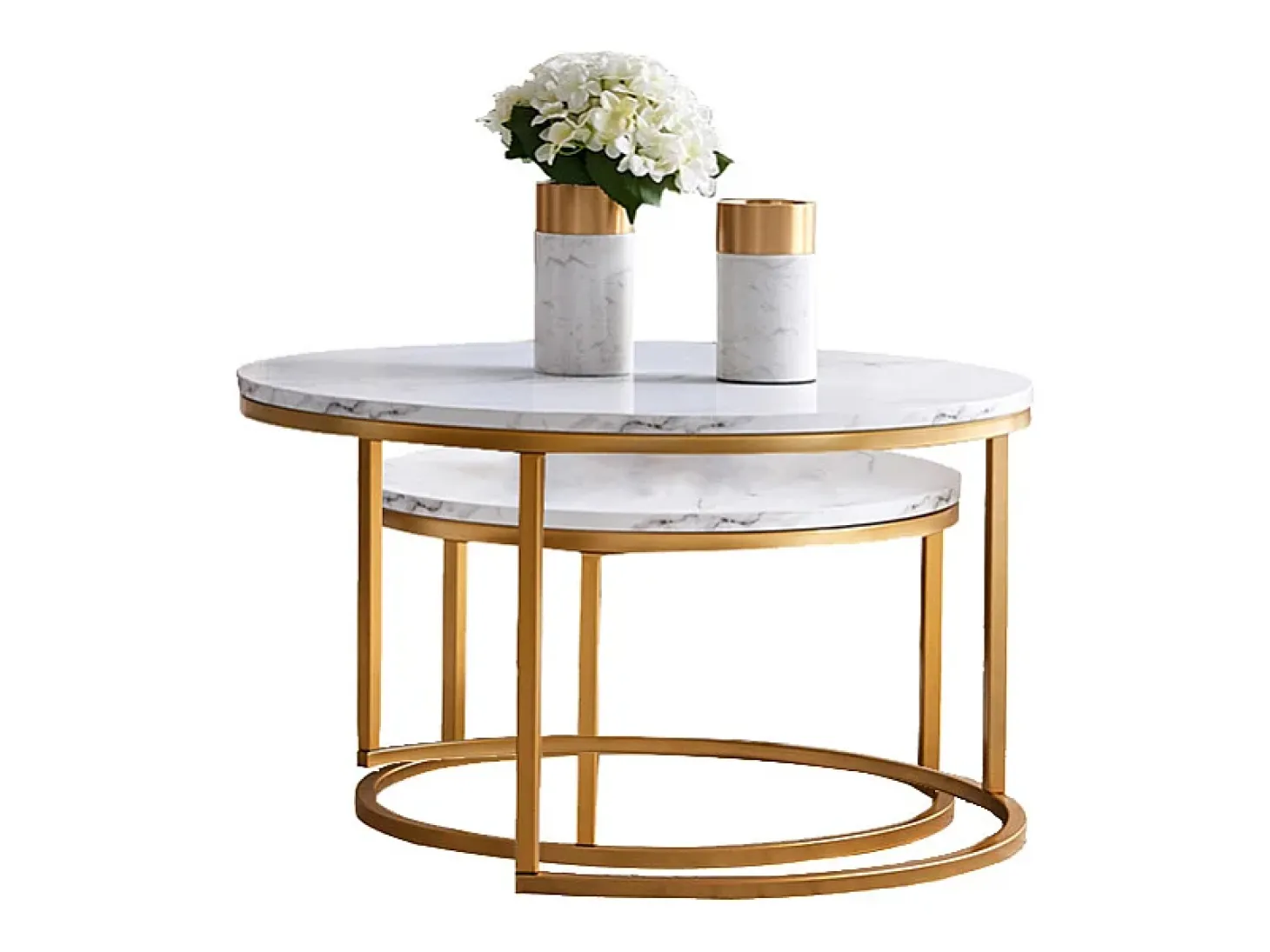 Conjunto de 2 mesas de centro modernas que se encaixam umas nas outras, estrutura em metal dourado, tampo em mármore - 80 cm