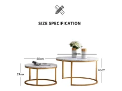 Conjunto de 2 mesas de centro modernas que se encaixam umas nas outras, estrutura em metal dourado, tampo em mármore - 80 cm