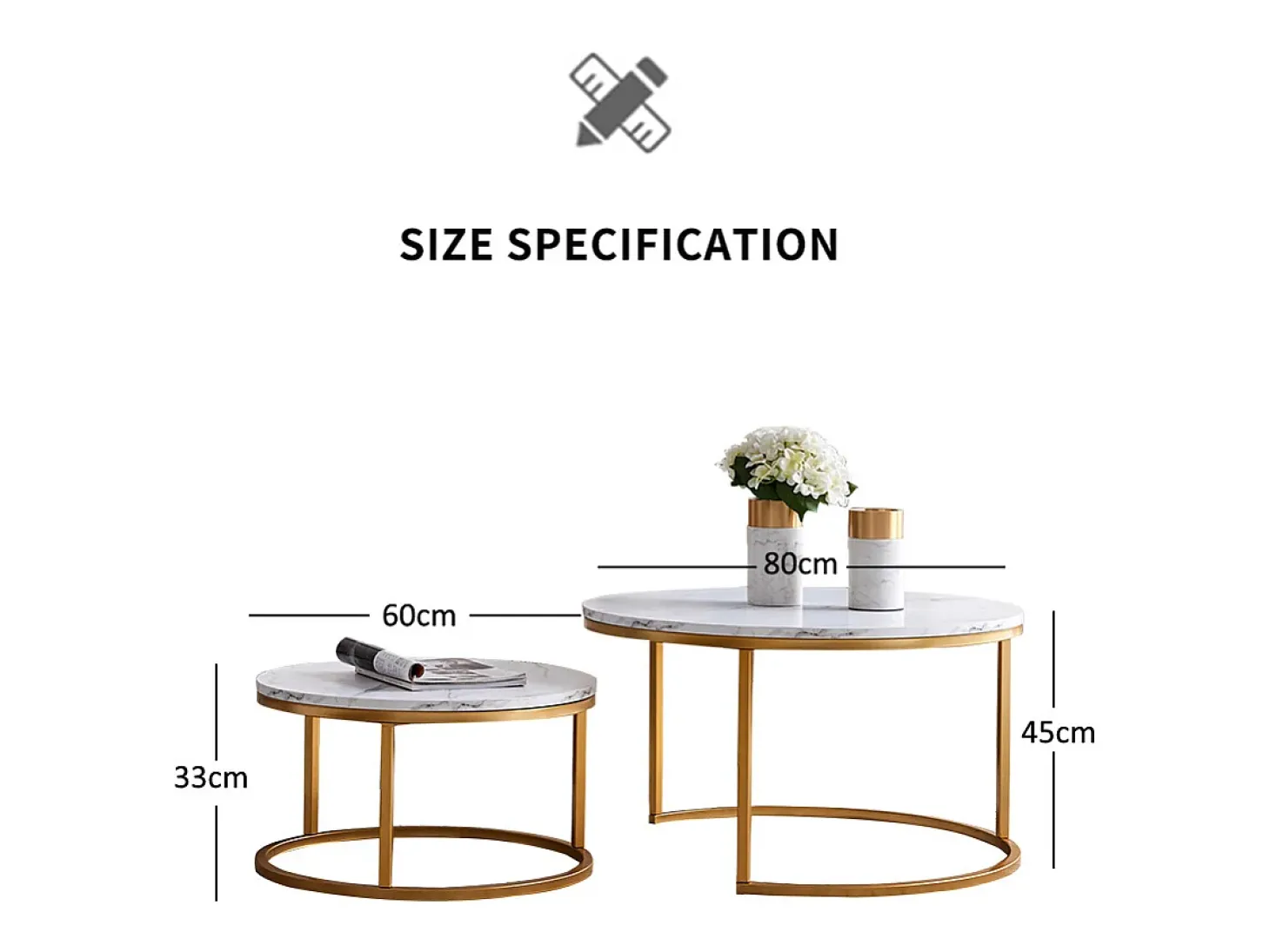 Conjunto de 2 mesas de centro modernas que se encaixam umas nas outras, estrutura em metal dourado, tampo em mármore - 80 cm