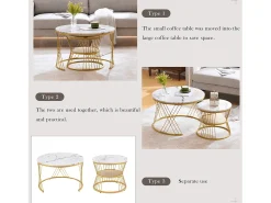 Conjunto de 2 mesas de centro encaixáveis com prateleira - madeira MDF e metal - tampos com padrão de mármore - branco