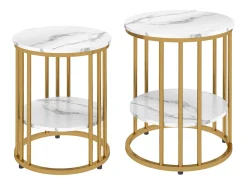 Conjunto de 2 mesas de centro redondas, com efeito mármore, para sala de estar, com prateleira aberta para armazenamento, douradas.