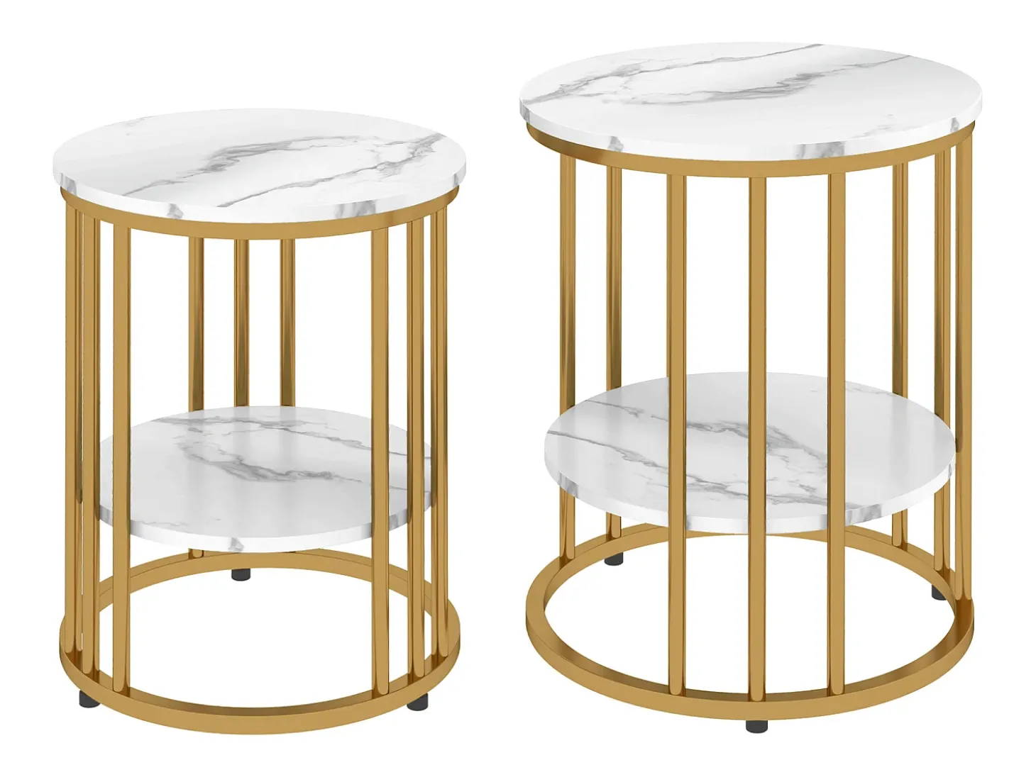 Conjunto de 2 mesas de centro redondas, com efeito mármore, para sala de estar, com prateleira aberta para armazenamento, douradas.