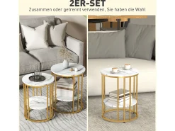 Conjunto de 2 mesas de centro redondas, com efeito mármore, para sala de estar, com prateleira aberta para armazenamento, douradas.