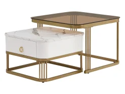 Conjunto de 2 mesas de centro encaixáveis ​​com gavetas, tampos em mármore brilhante e vidro, pernas douradas