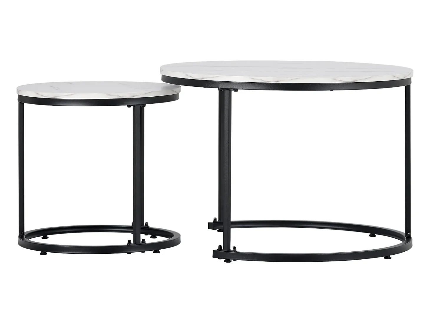 Conjunto de 2 mesas de centro redondas encaixáveis com acabamento em folheado de mármore branco e estrutura em metal preto.