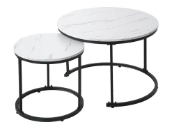 Conjunto de 2 mesas de centro redondas encaixáveis com acabamento em folheado de mármore branco e estrutura em metal preto.