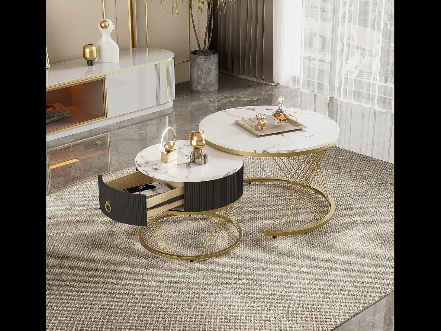 Conjunto de 2 mesas de centro encaixáveis com uma gaveta - Pernas de metal dourado - Tampos padrão mármore - Branco + preto