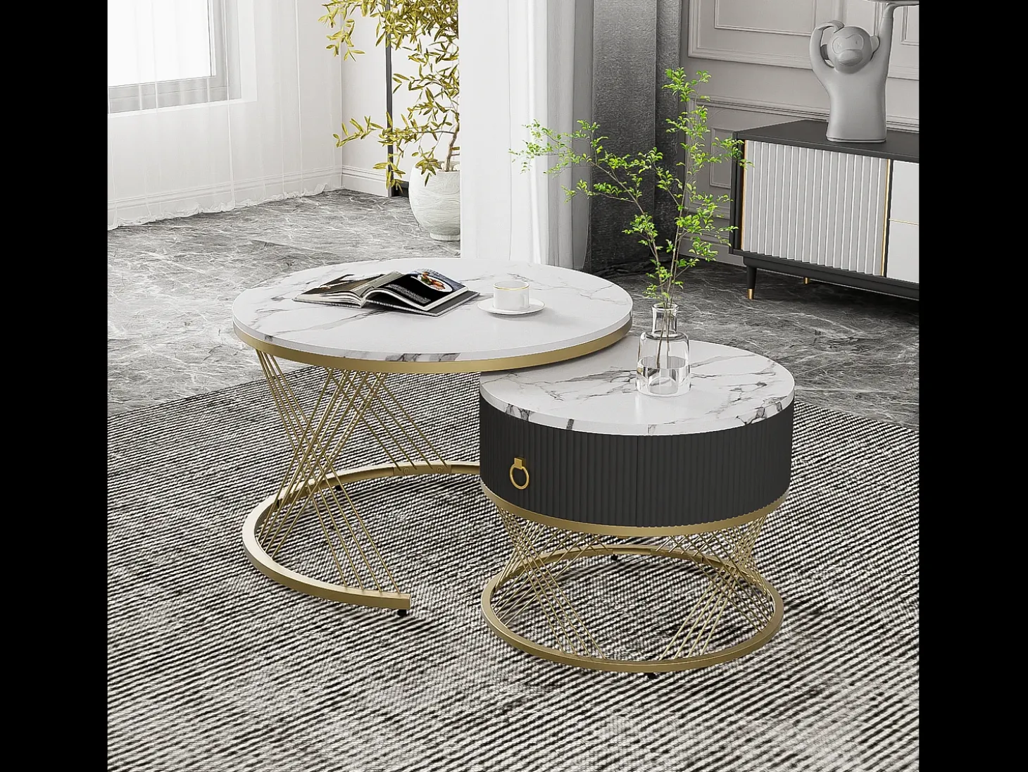 Conjunto de 2 mesas de centro encaixáveis com uma gaveta - Pernas de metal dourado - Tampos padrão mármore - Branco + preto