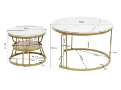 Conjunto de 2 mesas de centro encaixáveis - redondas, tampo de mármore, pernas de ferro em formato de U, douradas, D70x45+D45x40 cm