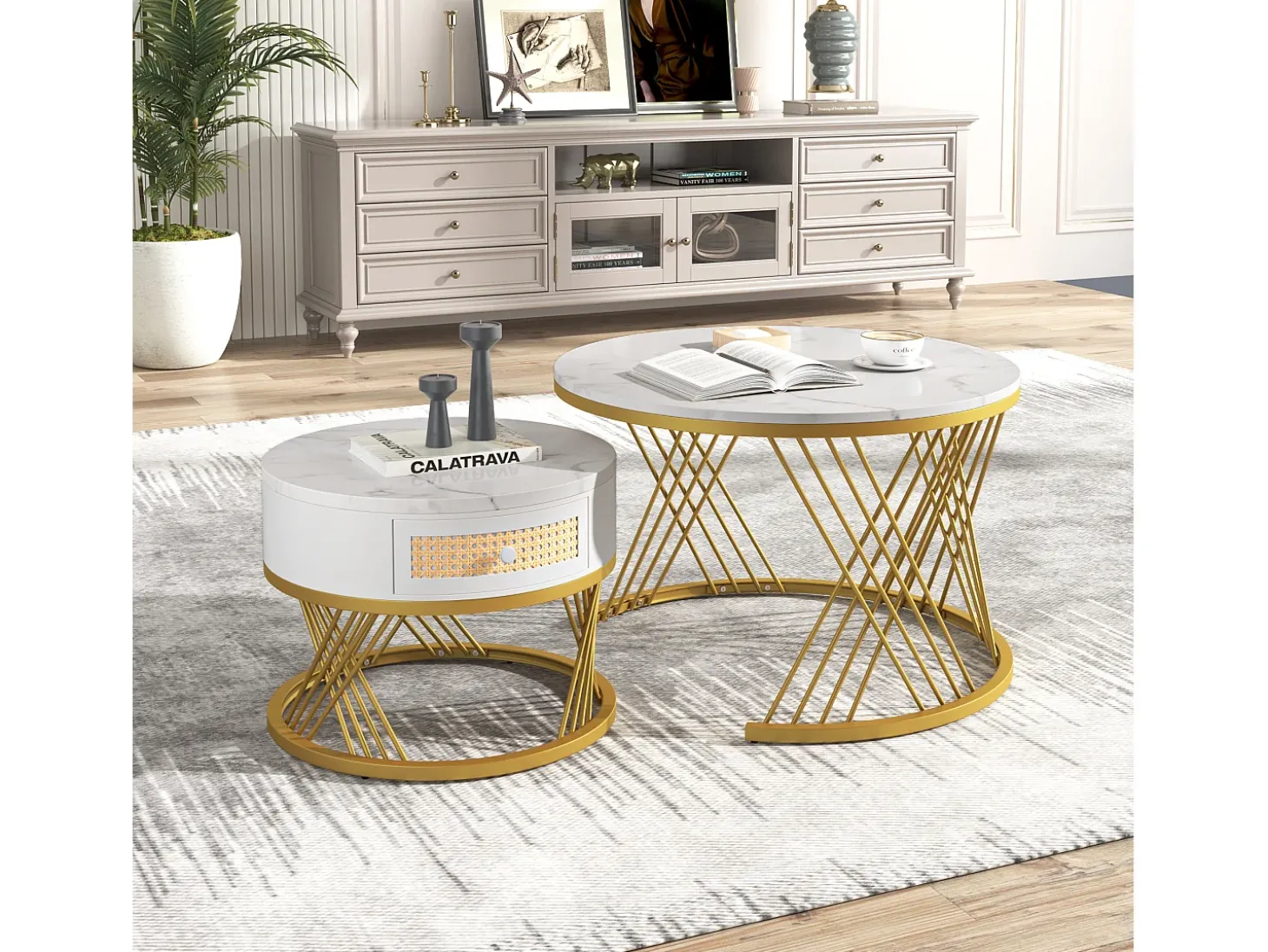 Conjunto de 2 mesas de centro encastradas com gaveta - madeira MDF e metal - tampo padrão mármore - branco