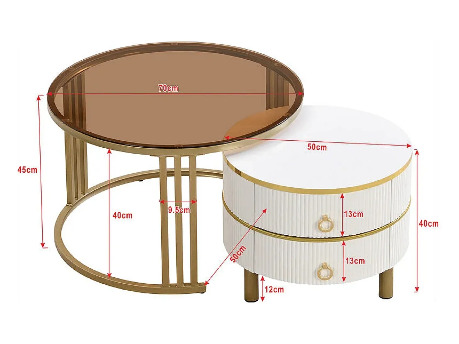Conjunto de 2 mesas de centro encastráveis com 2 gavetas - Tampo em vidro temperado castanho - Branco