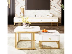 Conjunto de 2 mesas de centro encaixáveis com 1 gaveta, mesa de centro quadrada - tampos em mármore - madeira e metal - branco brilhante