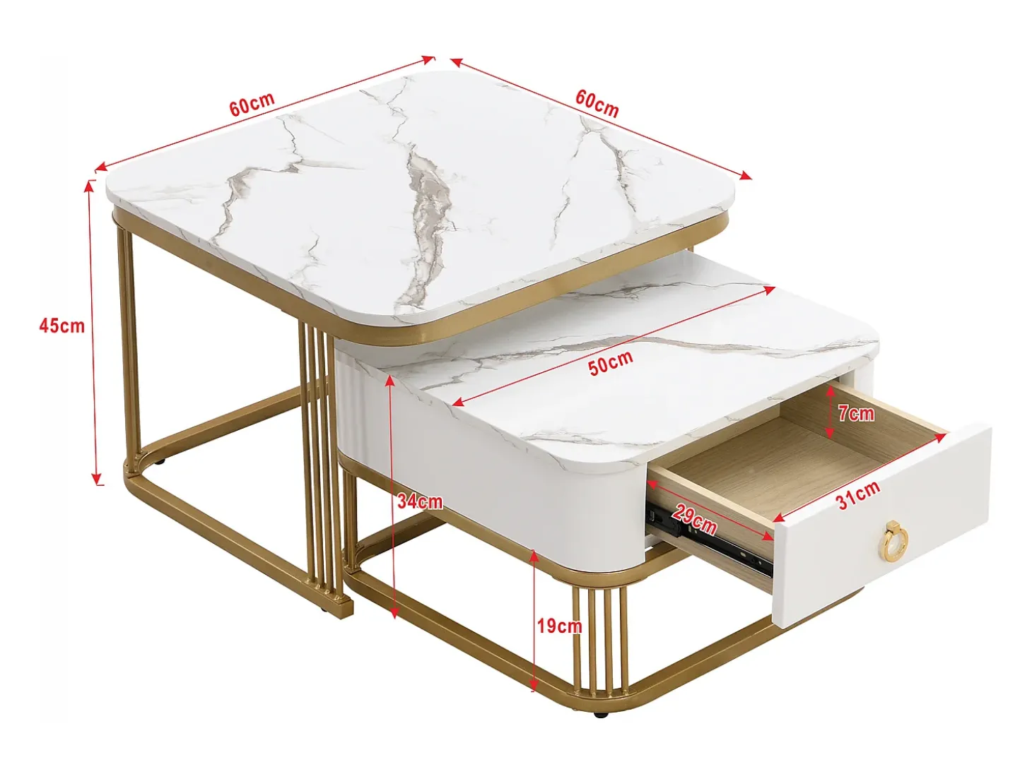 Conjunto de 2 mesas de centro encaixáveis com 1 gaveta, mesa de centro quadrada - tampos em mármore - madeira e metal - branco brilhante