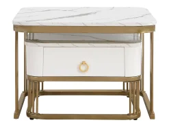 Conjunto de 2 mesas de centro encaixáveis com 1 gaveta, mesa de centro quadrada - tampos em mármore - madeira e metal - branco brilhante