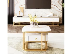 Conjunto de 2 mesas de centro encaixáveis com 1 gaveta, mesa de centro quadrada - tampos em mármore - madeira e metal - branco brilhante