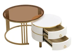 Conjunto de 2 mesas de centro redondas 2 em 1, mesa lateral em MDF - tampo em vidro temperado marrom - 2 gavetas - 70x70x45 + 50x50x40 cm