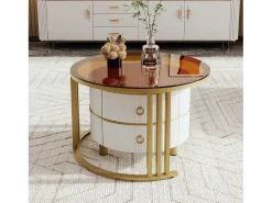 Conjunto de 2 mesas de centro redondas 2 em 1, mesa lateral em MDF - tampo em vidro temperado marrom - 2 gavetas - 70x70x45 + 50x50x40 cm