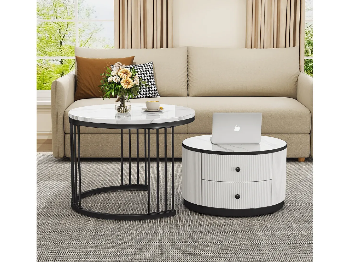 Conjunto de 2 mesas de centro encaixáveis com 2 gavetas - 60 x 60 x 45,5 cm + 50 x 50 x 32 cm - Aspecto de mármore brilhante - MDF - Preto e branco