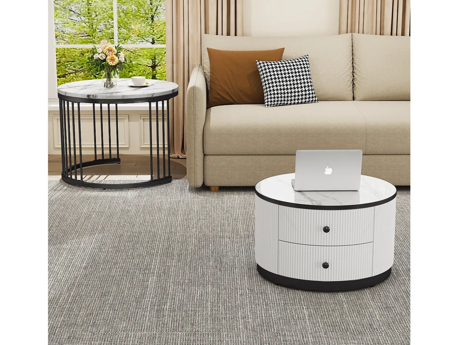 Conjunto de 2 mesas de centro encaixáveis com 2 gavetas - 60 x 60 x 45,5 cm + 50 x 50 x 32 cm - Aspecto de mármore brilhante - MDF - Preto e branco
