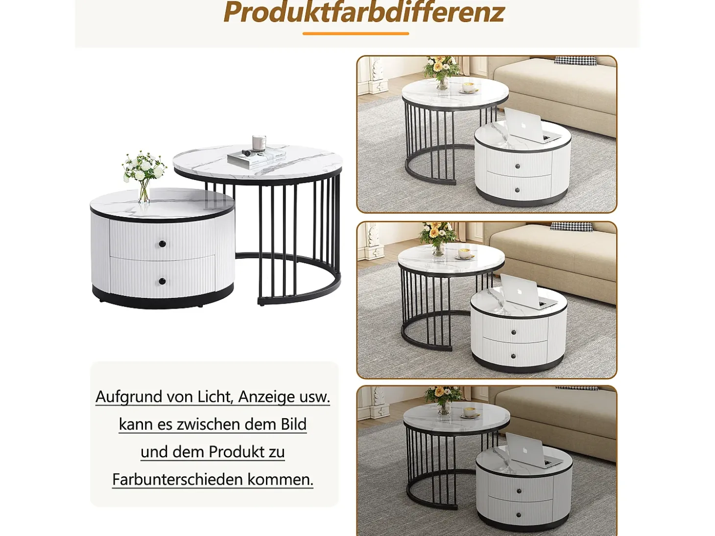 Conjunto de 2 mesas de centro encaixáveis com 2 gavetas - 60 x 60 x 45,5 cm + 50 x 50 x 32 cm - Aspecto de mármore brilhante - MDF - Preto e branco