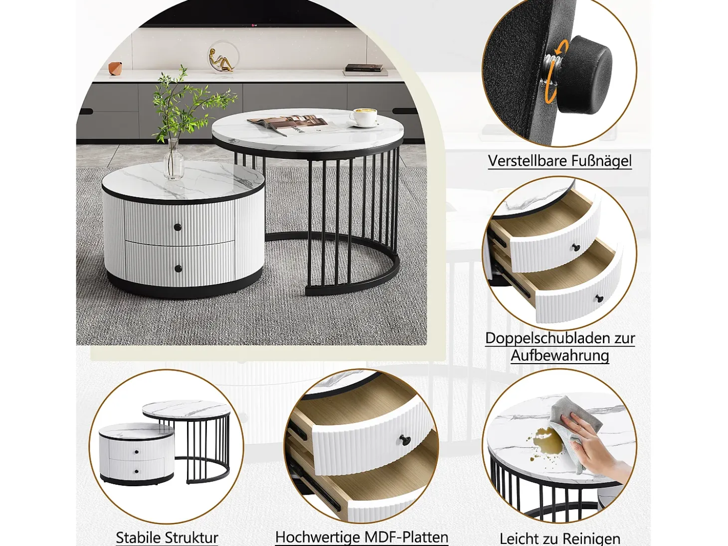 Conjunto de 2 mesas de centro encaixáveis com 2 gavetas - 60 x 60 x 45,5 cm + 50 x 50 x 32 cm - Aspecto de mármore brilhante - MDF - Preto e branco