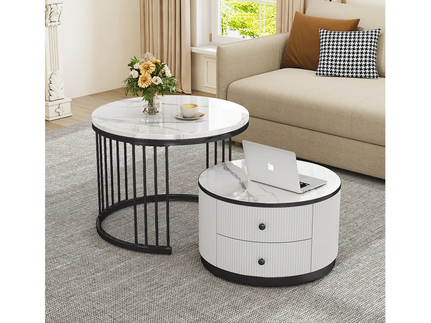 Conjunto de 2 mesas de centro encaixáveis com 2 gavetas - 60 x 60 x 45,5 cm + 50 x 50 x 32 cm - Aspecto de mármore brilhante - MDF - Preto e branco