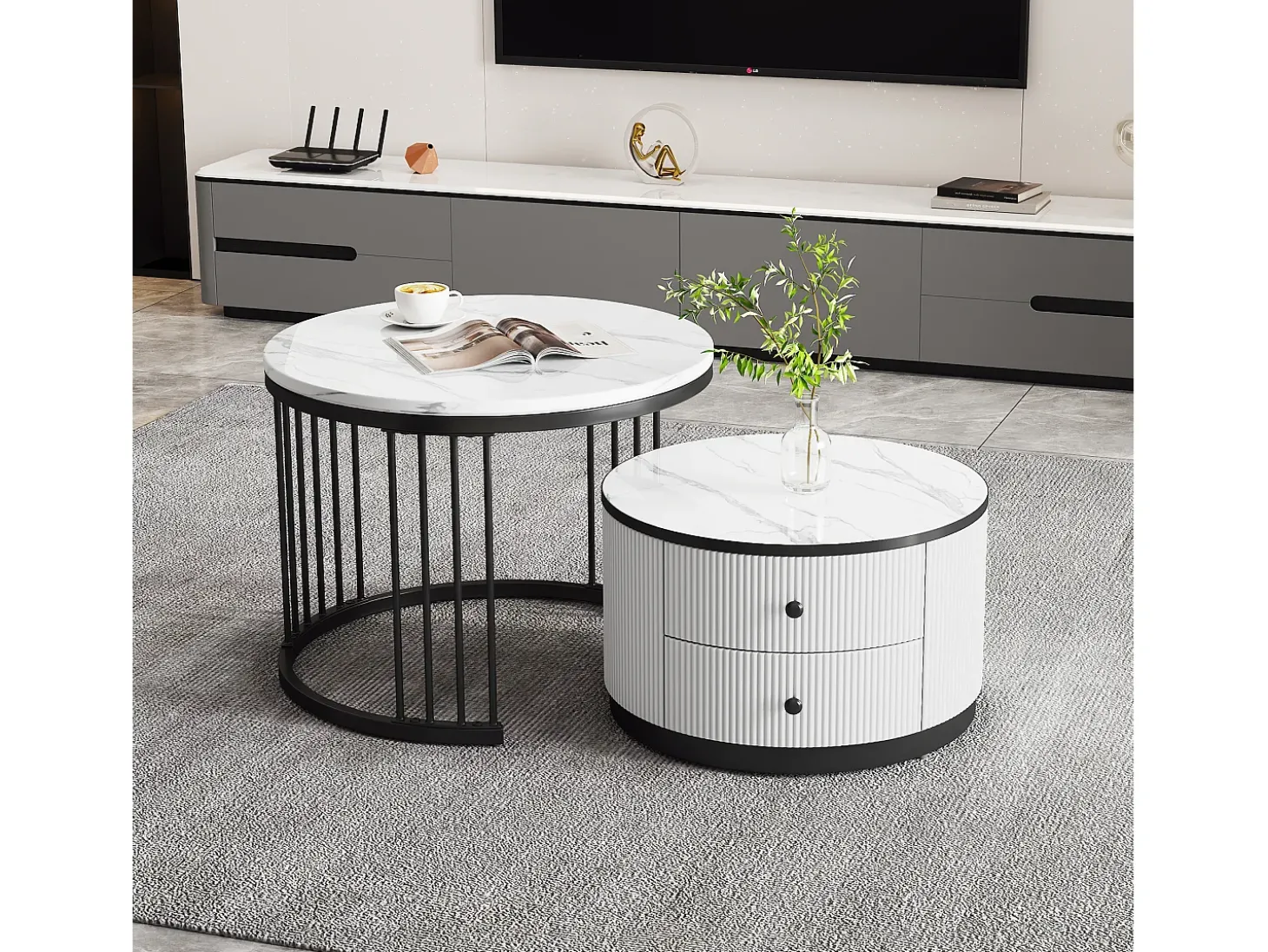 Conjunto de 2 mesas de centro encaixáveis com 2 gavetas - 60 x 60 x 45,5 cm + 50 x 50 x 32 cm - Aspecto de mármore brilhante - MDF - Preto e branco