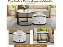 Conjunto de 2 mesas de centro encaixáveis com 2 gavetas - 60 x 60 x 45,5 cm + 50 x 50 x 32 cm - Aspecto de mármore brilhante - MDF - Preto e branco