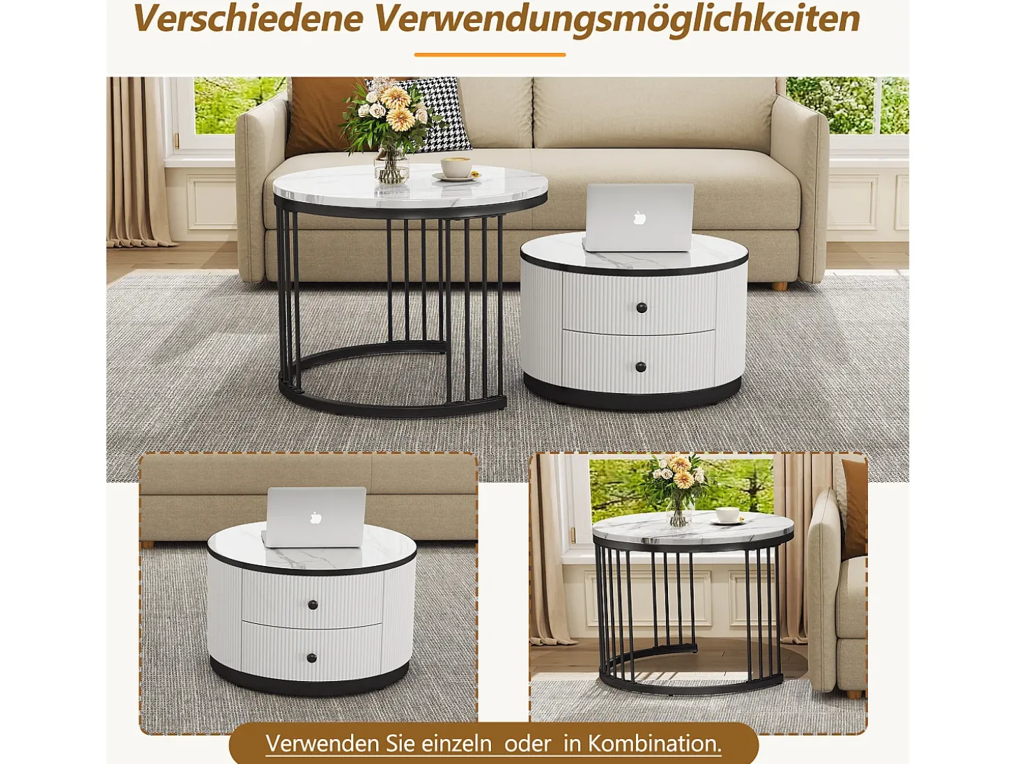 Conjunto de 2 mesas de centro encaixáveis com 2 gavetas - 60 x 60 x 45,5 cm + 50 x 50 x 32 cm - Aspecto de mármore brilhante - MDF - Preto e branco